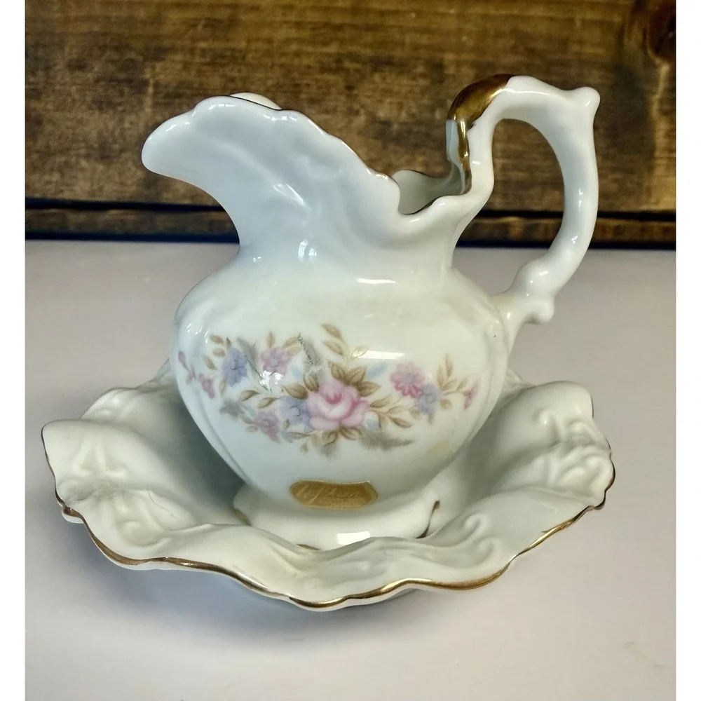 Vintage Lefton China Hand Painted Flowers #6843 Petite Pitcher & Wash Bowl